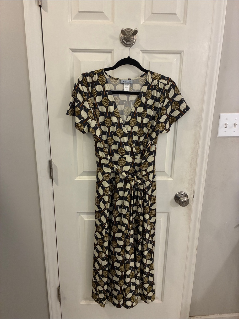 Karina Margaret printed wrap midi dress in Charcoal, Olive and Cream